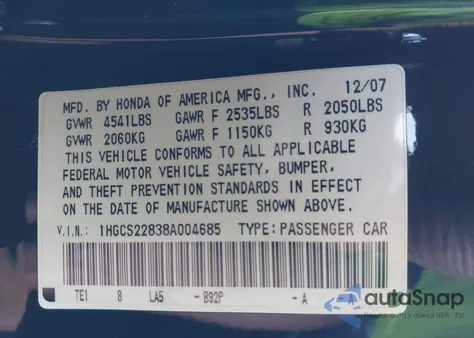 2008 Honda Accord 3.5 Ex-L из США, поврежденный, VIN 1HGCS22838A004685